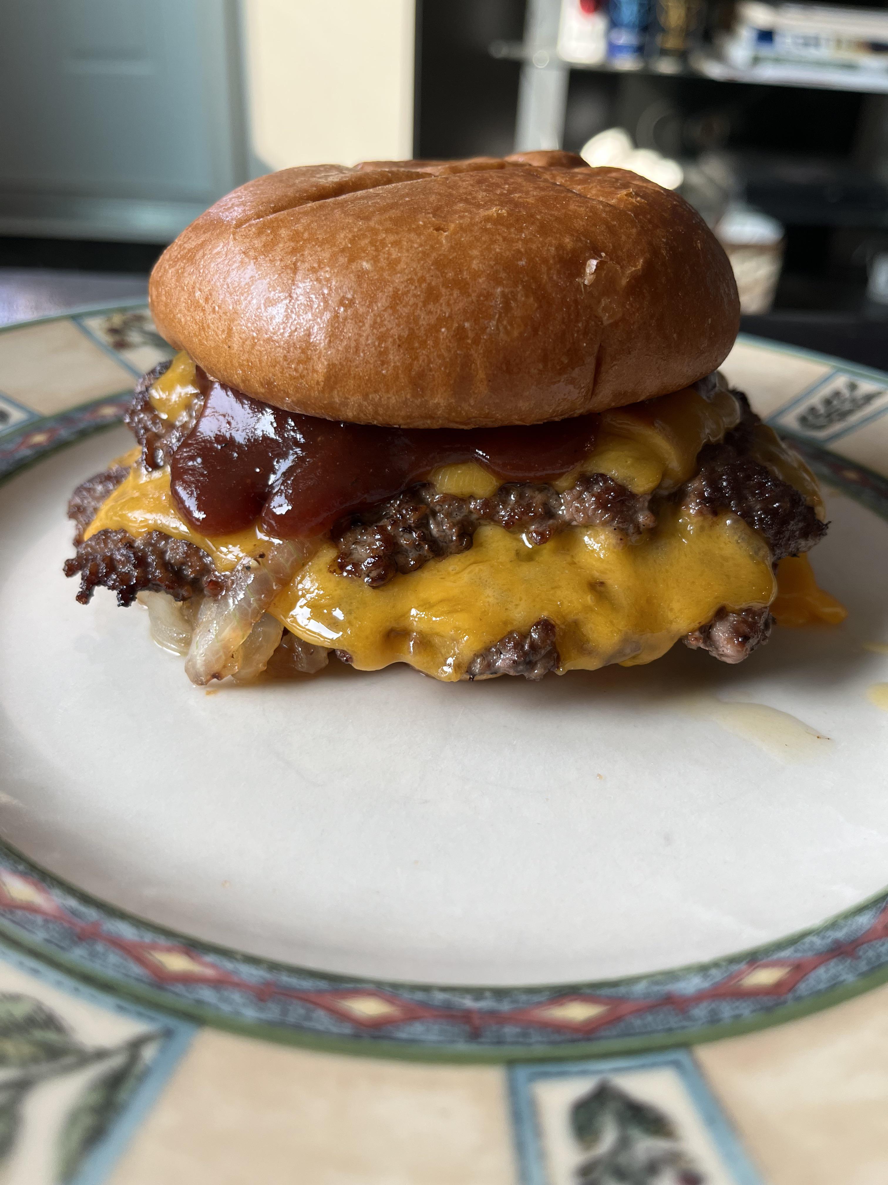 Double with Cheese, Sautéed Onion and BBQ Sauce Dining and Cooking