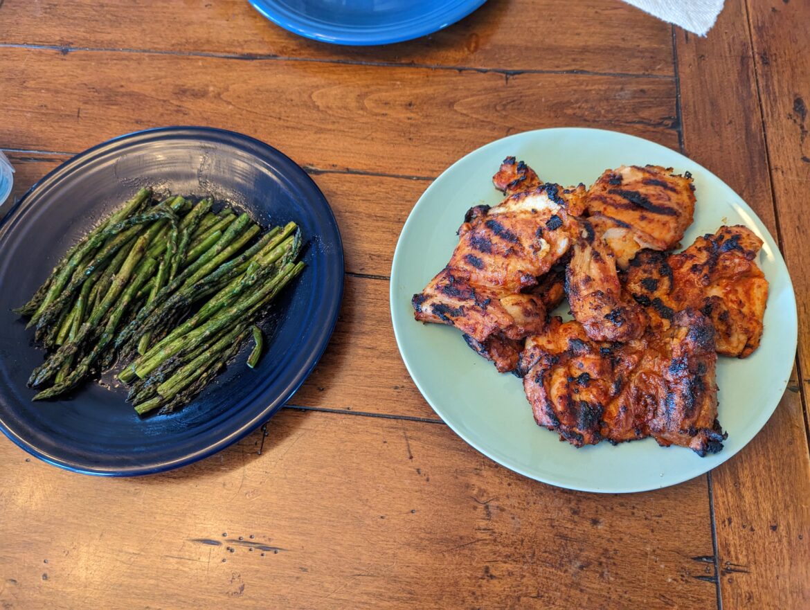 Grilled spicy chicken bulgogi and sesame asparagus