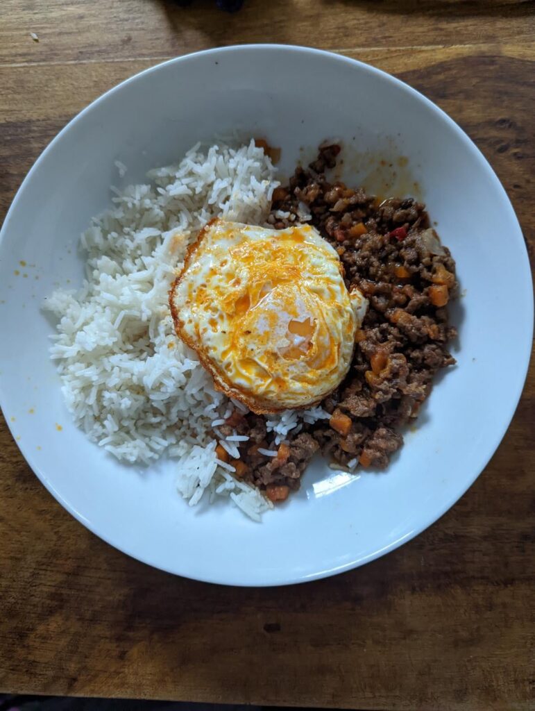 leftover chili and rice (egg fried in leftover chorizo fat)