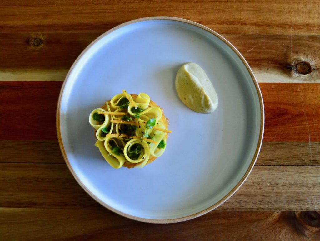 Summer Squash and Ricotta Tart, Tahini and Roasted Squash "Ganoush", Basil, Preserved Mineola Orange