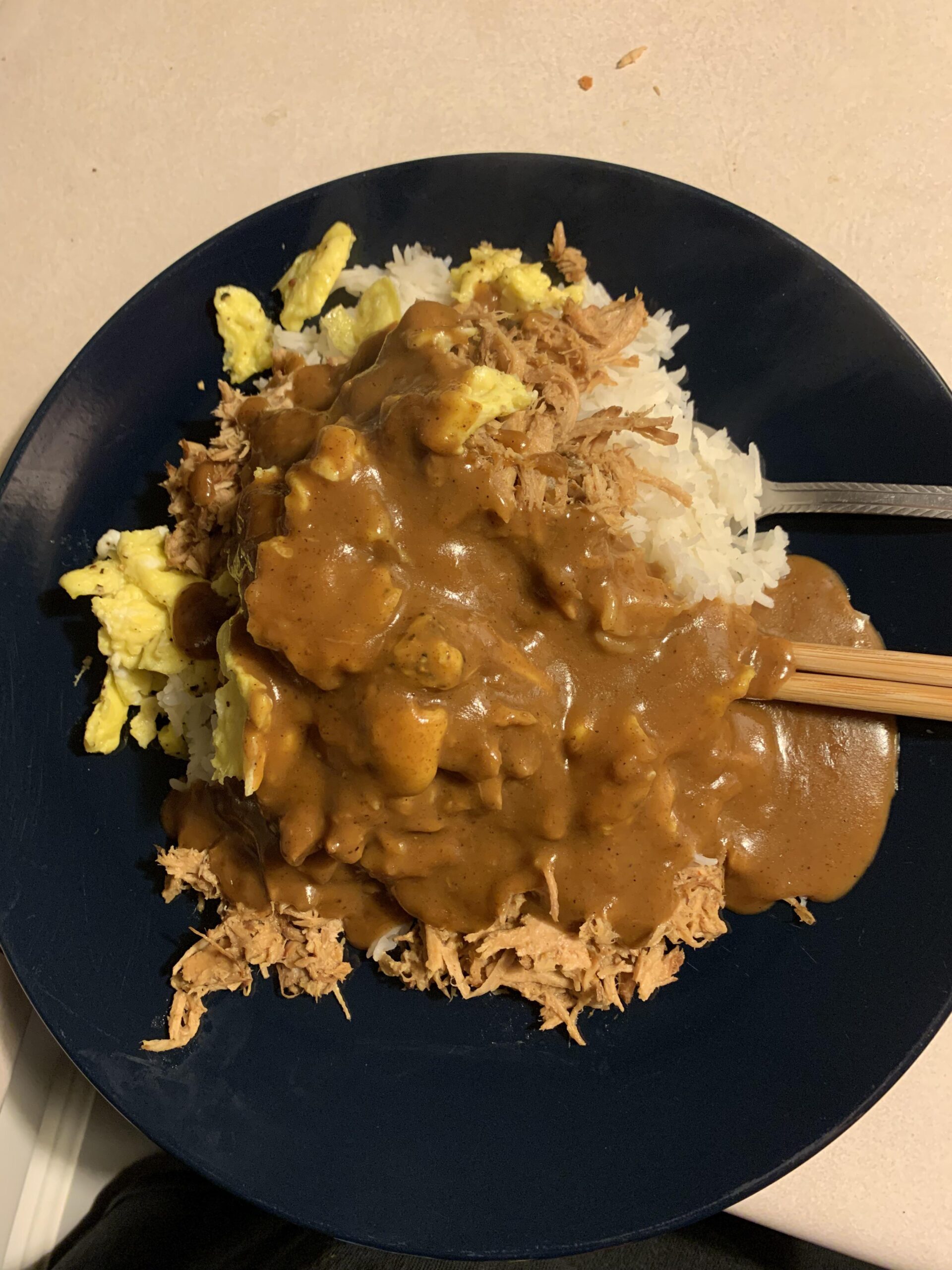 Pulled pork loco moco but with a scramble Dining and Cooking