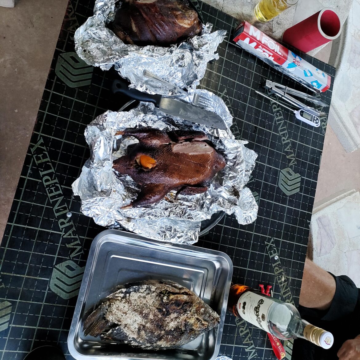 A few of us decided to get together and barbecue, actually smoke. Pork, duck, fish. You can't get any better than this, life in Thailand.