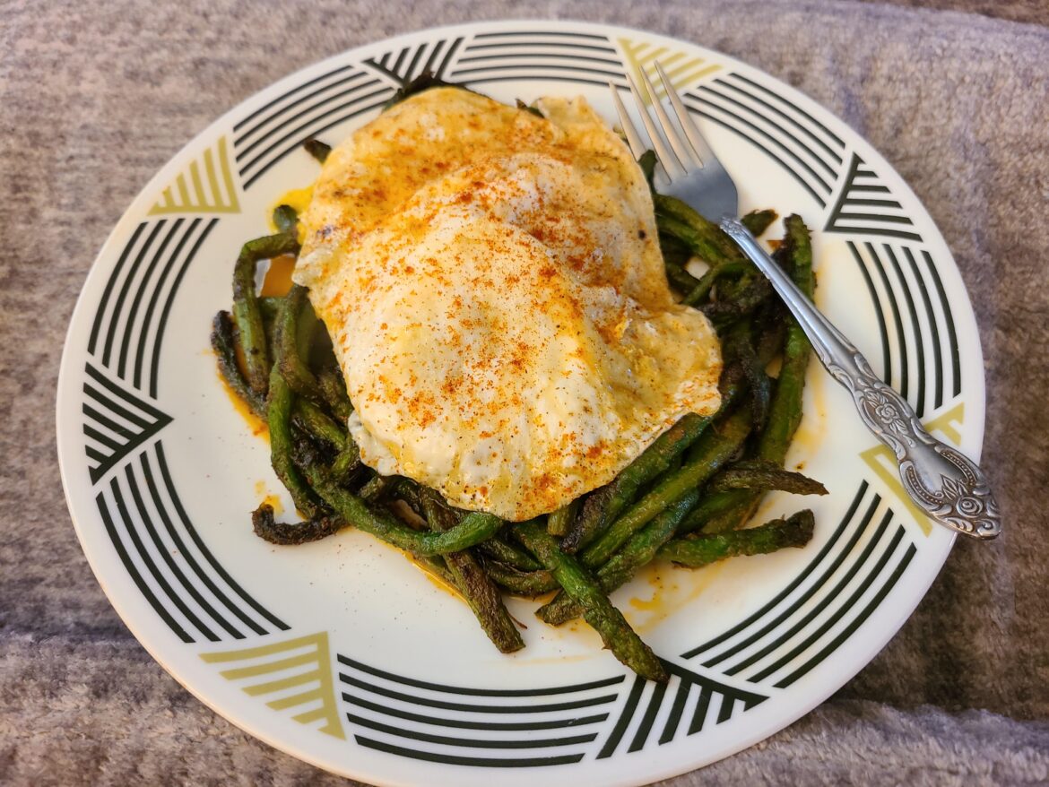 Pan roasted asparagus with eggs over easy