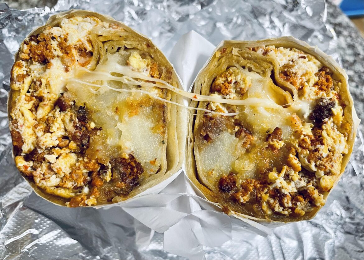 Chorizo breakfast burrito from Jugos Azteca in HLP. One of the best.