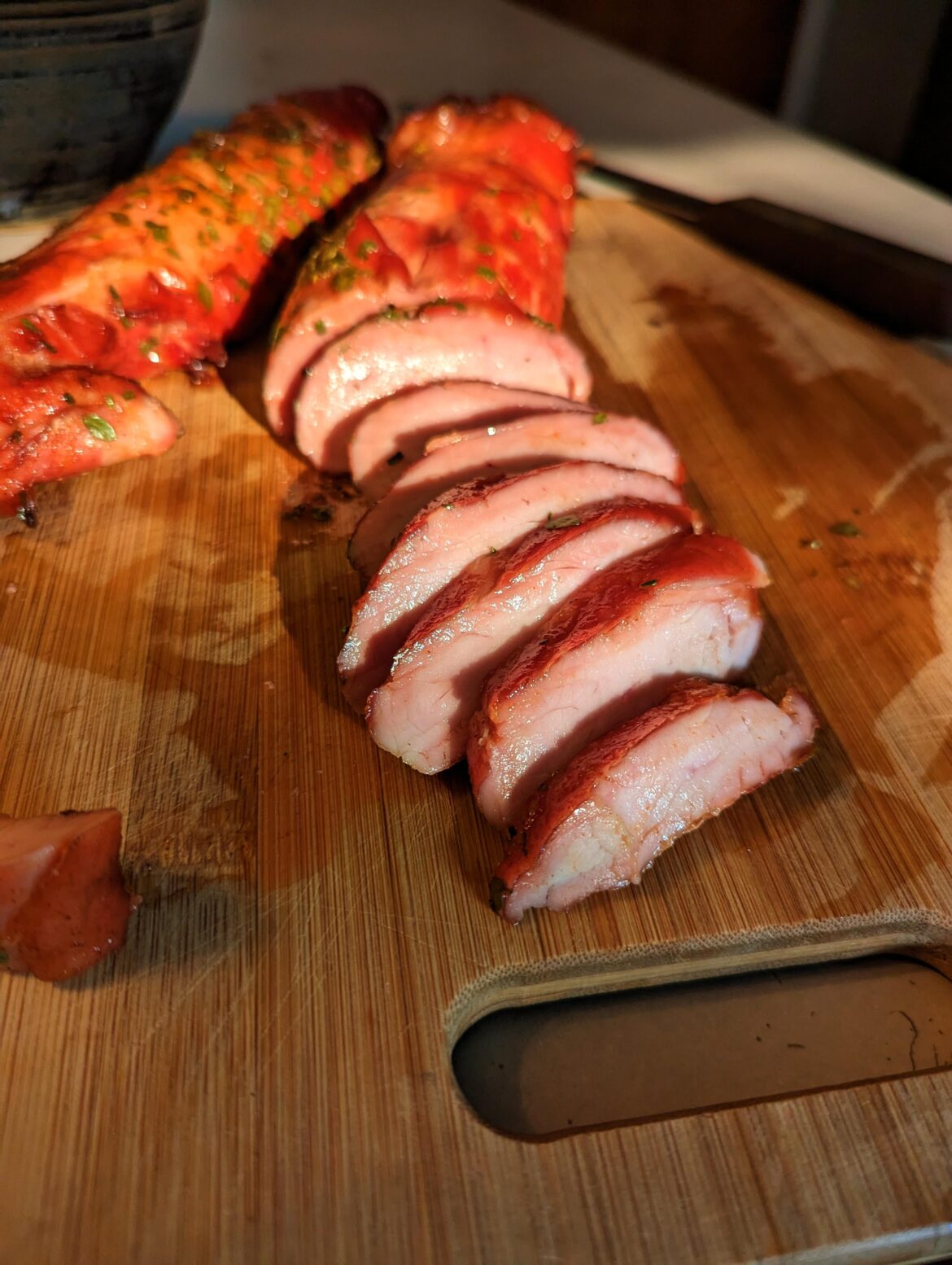 Smoked Pork Tenderloin - apple juice, honey, thyme marinade.