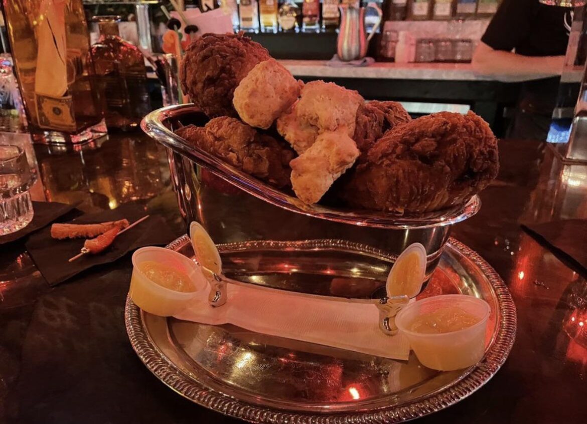 Fried chicken in a miniature bathtub