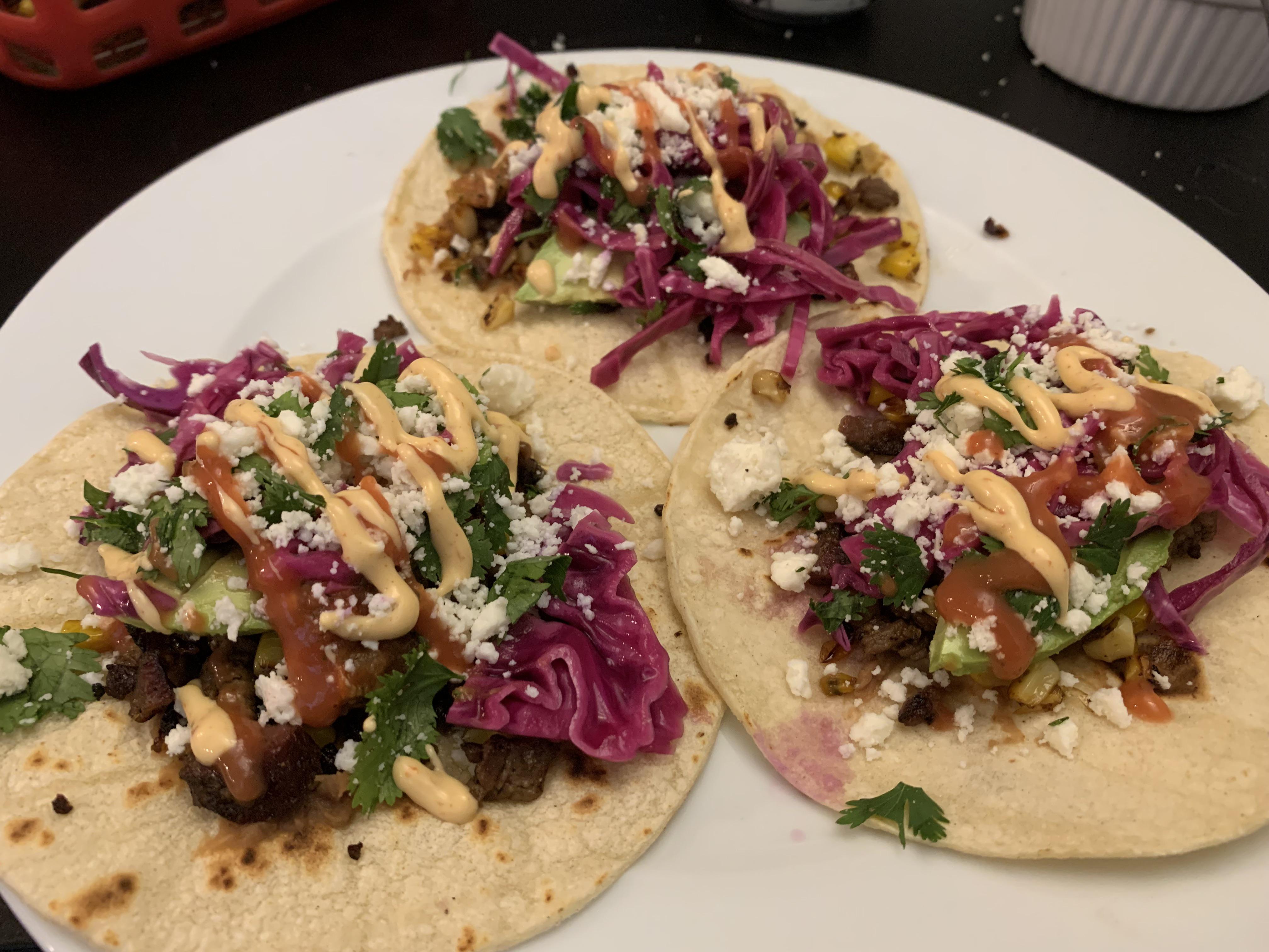 Smoked tri tip, corn, roasted tomato salsa, refried beans, pickled