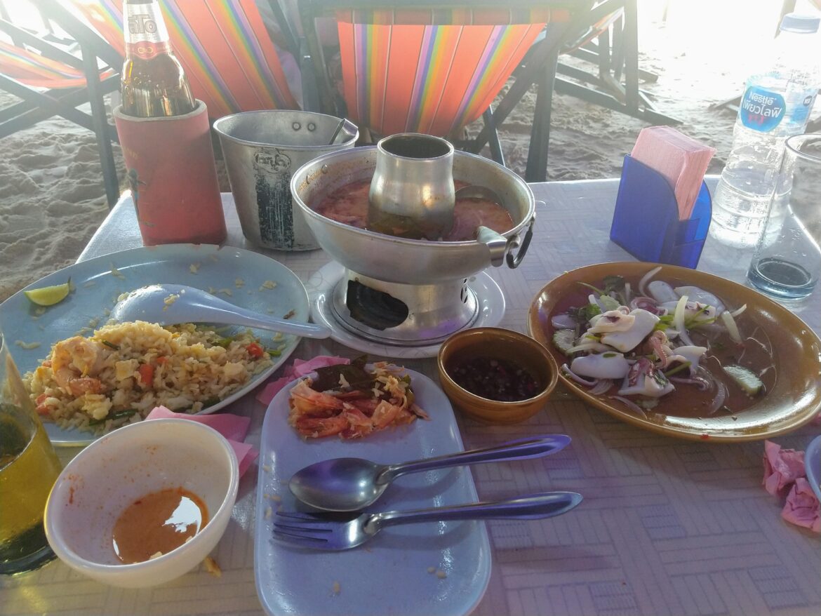 Lunch ON the beach Hui Hin, Don't even remember how much. Too much beer I guess.