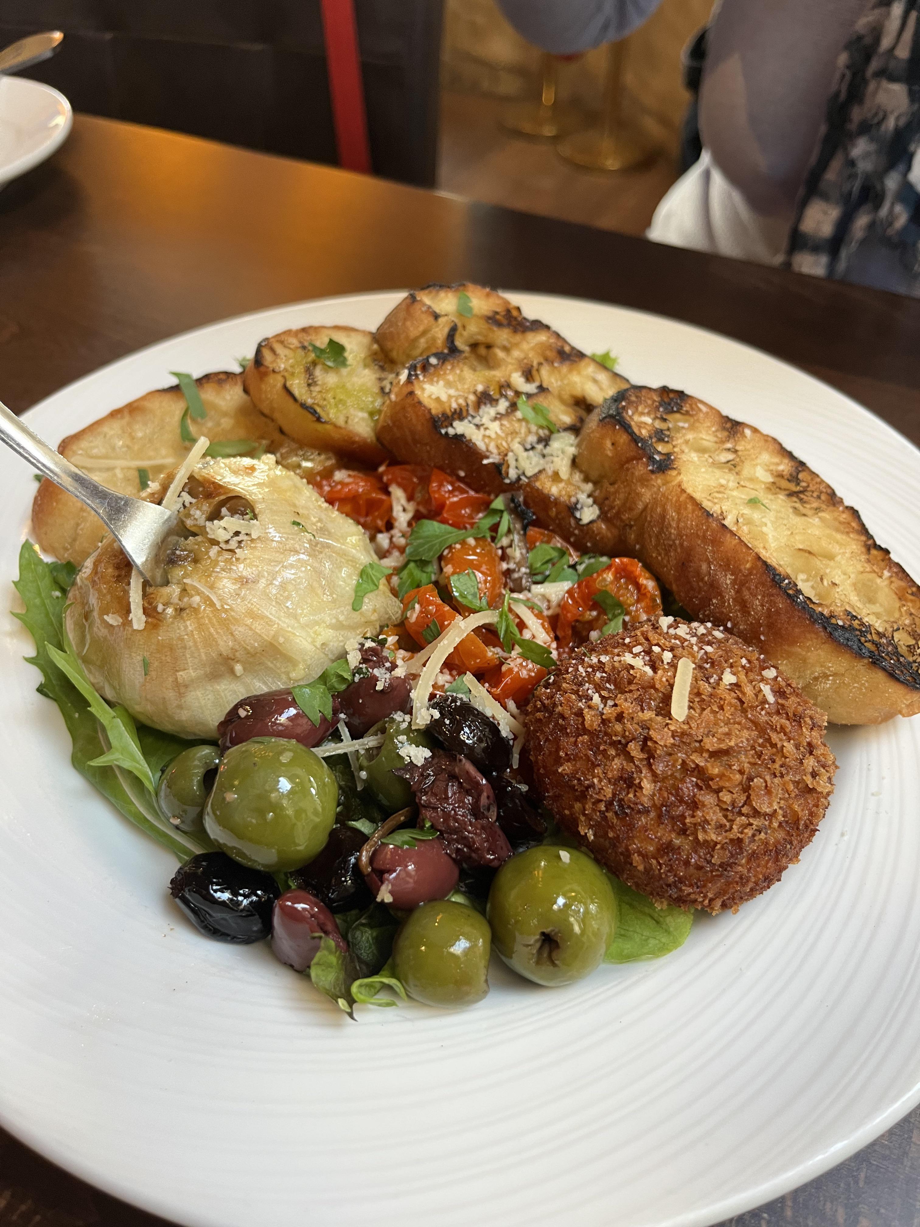 Roasted garlic bulb, olives, fried feta cheese ball, roasted cherry