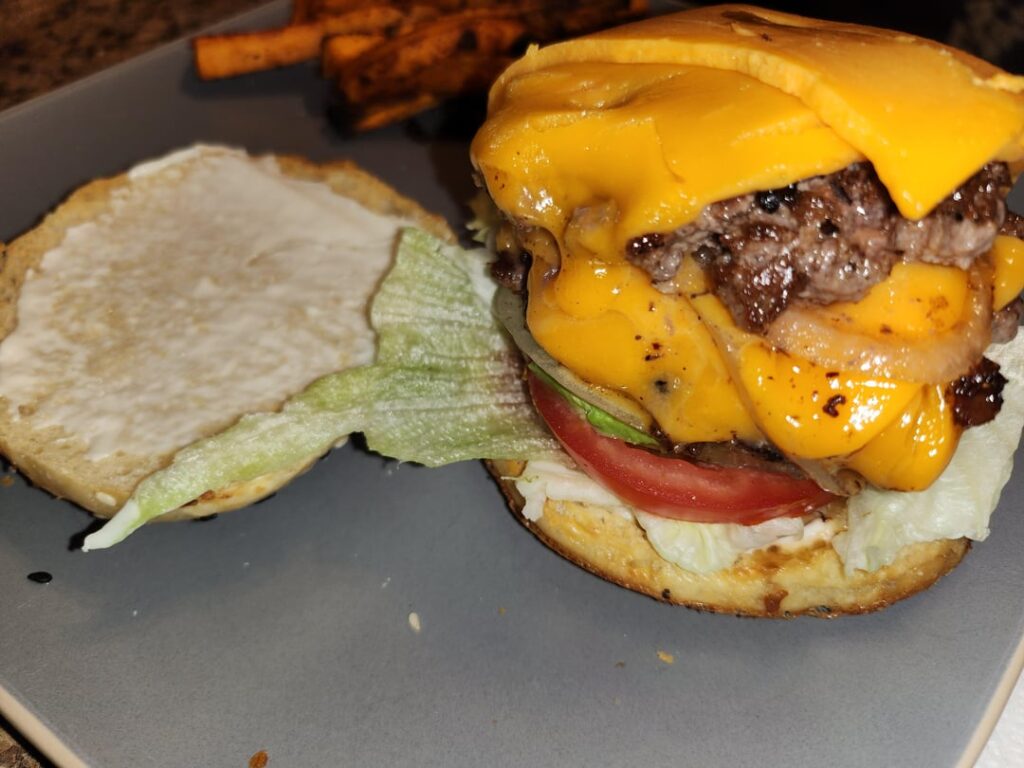 Oklahoma Smash Burger on Everything Bun with Sweet Potato Fries!