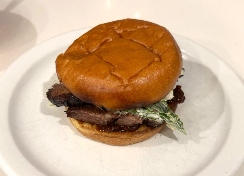 brisket sandwich w/ chunky onion bbq sauce and some kinda slaw on a buttered and toasted brioche bun.