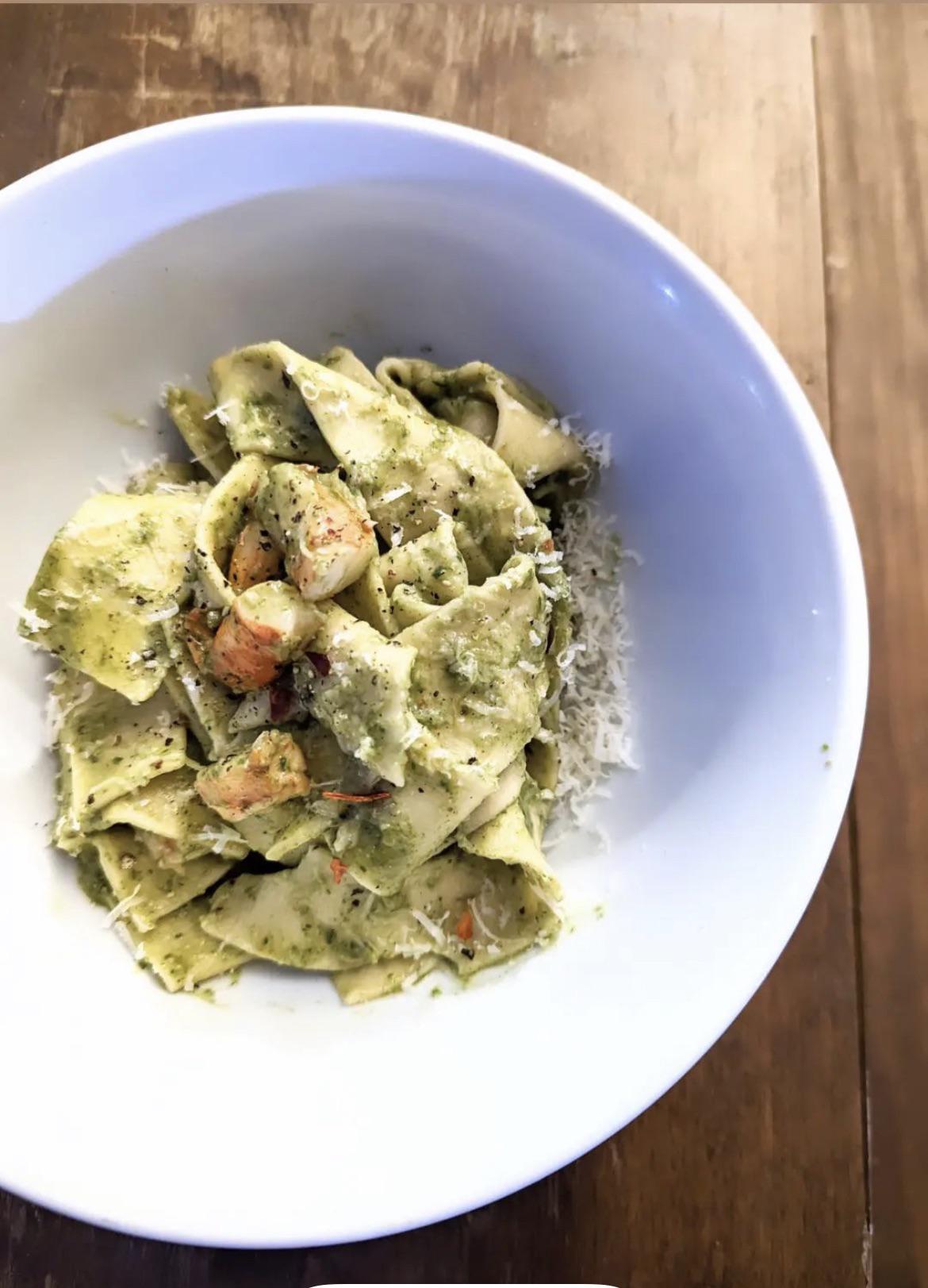 Handcut Pappardelle with Ramps Pesto and Shrimp Dining and Cooking