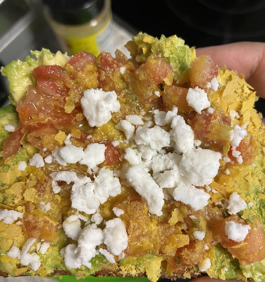 Dave’s white bread, Trader Joe’s bruschetta, nutritional yeast, and