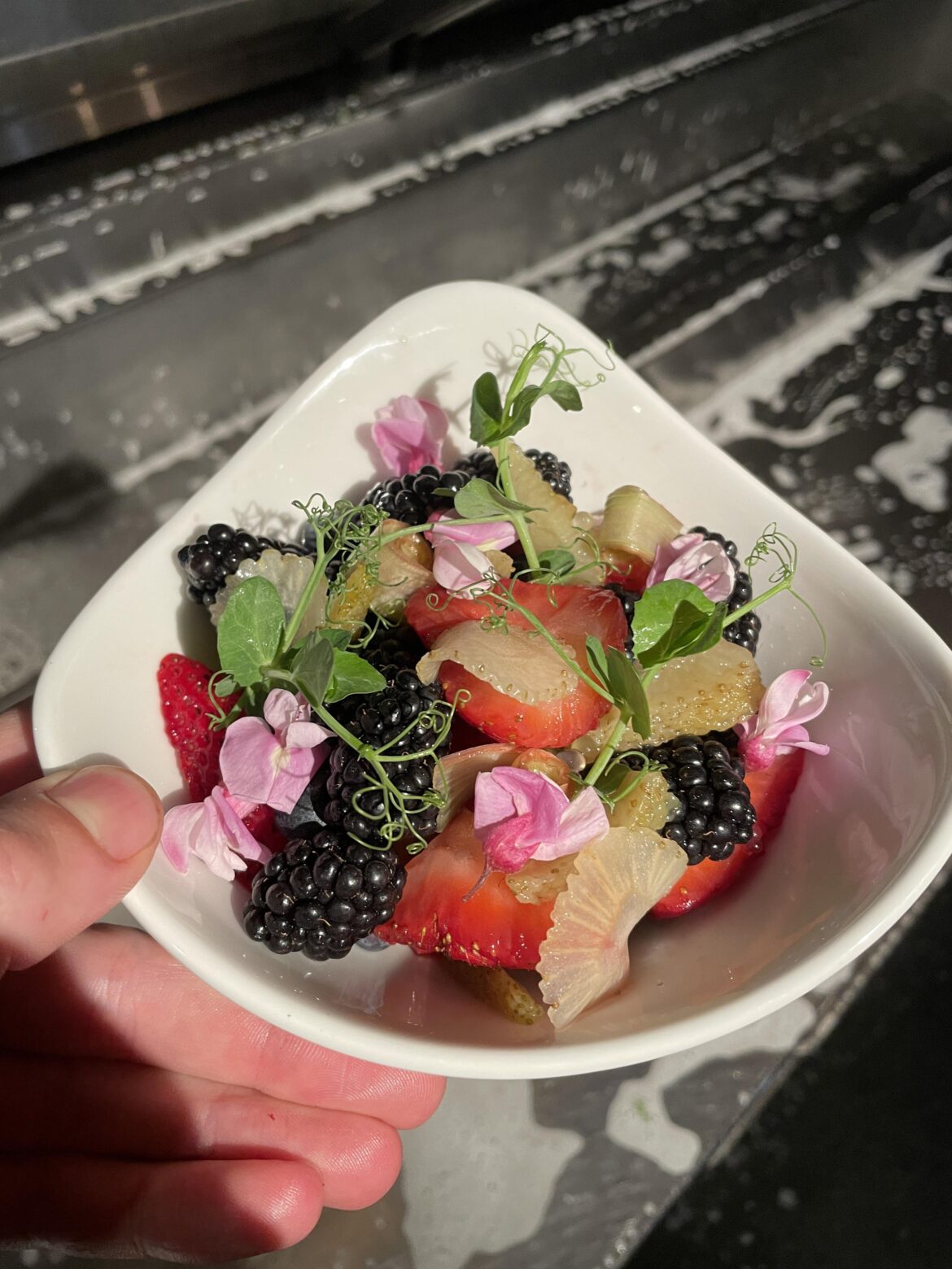 surprise berry bowl at the end of service: Harry’s berries, poached green strawberries, blackberries, blueberries, rhubarb, locust