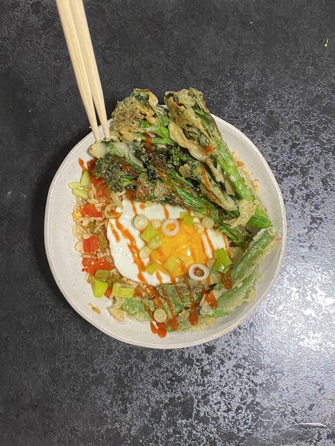 fried rice with tempura veggies