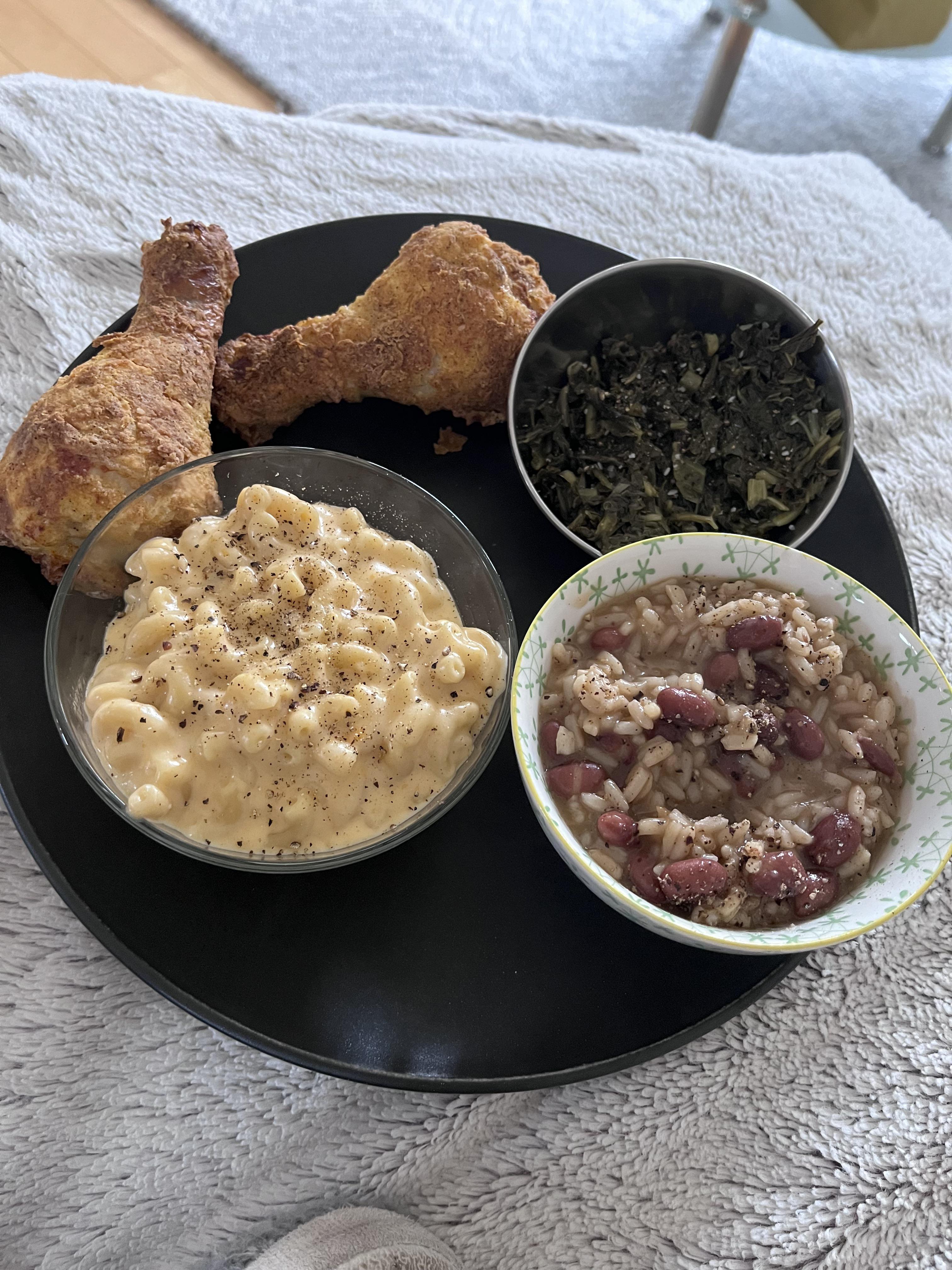 Air fried Popeyes dupe with rice and beans, mac and cheese and collard
