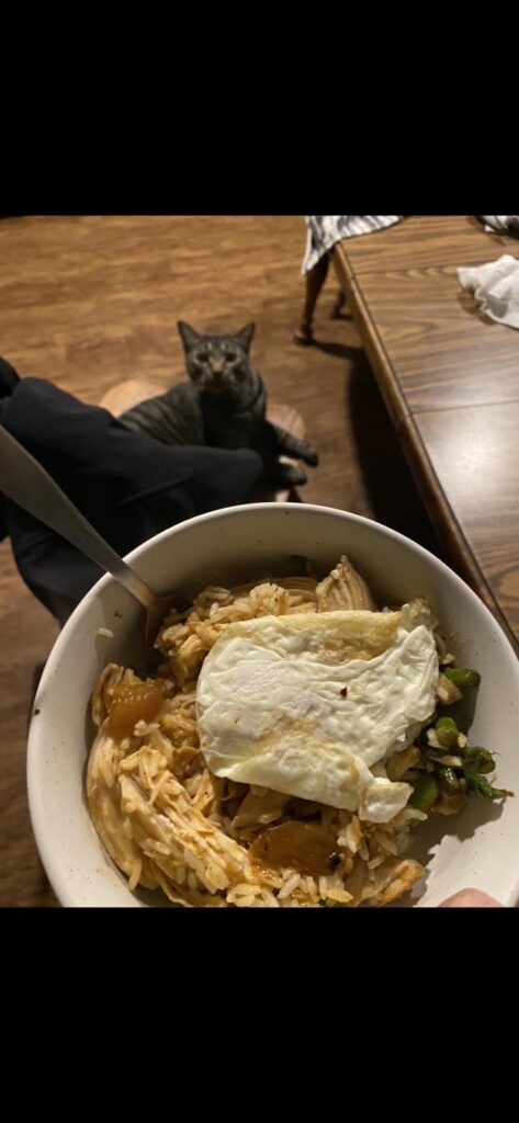 just chicken, veggies, & rice, but put an egg on it