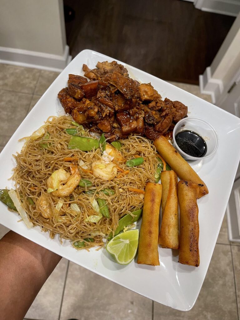 Shrimp Pancit with Chicken and pork belly adobo and beef Lumpia. [Homemade]