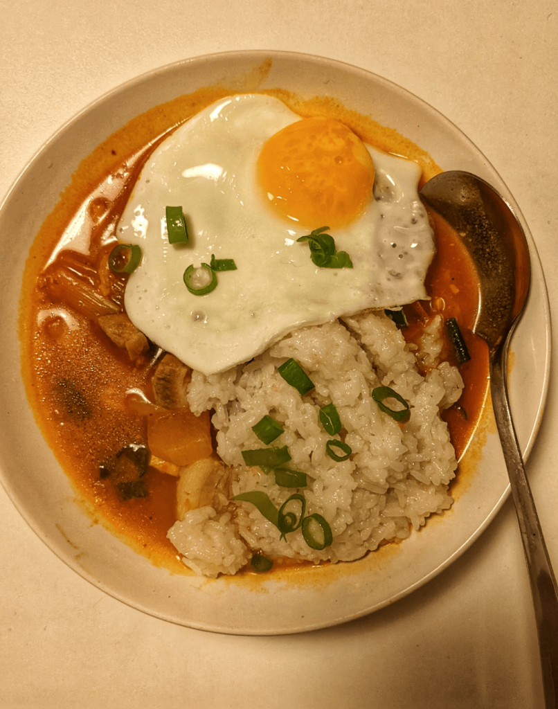 Kimchi stew + sticky rice (ft. melty egg)