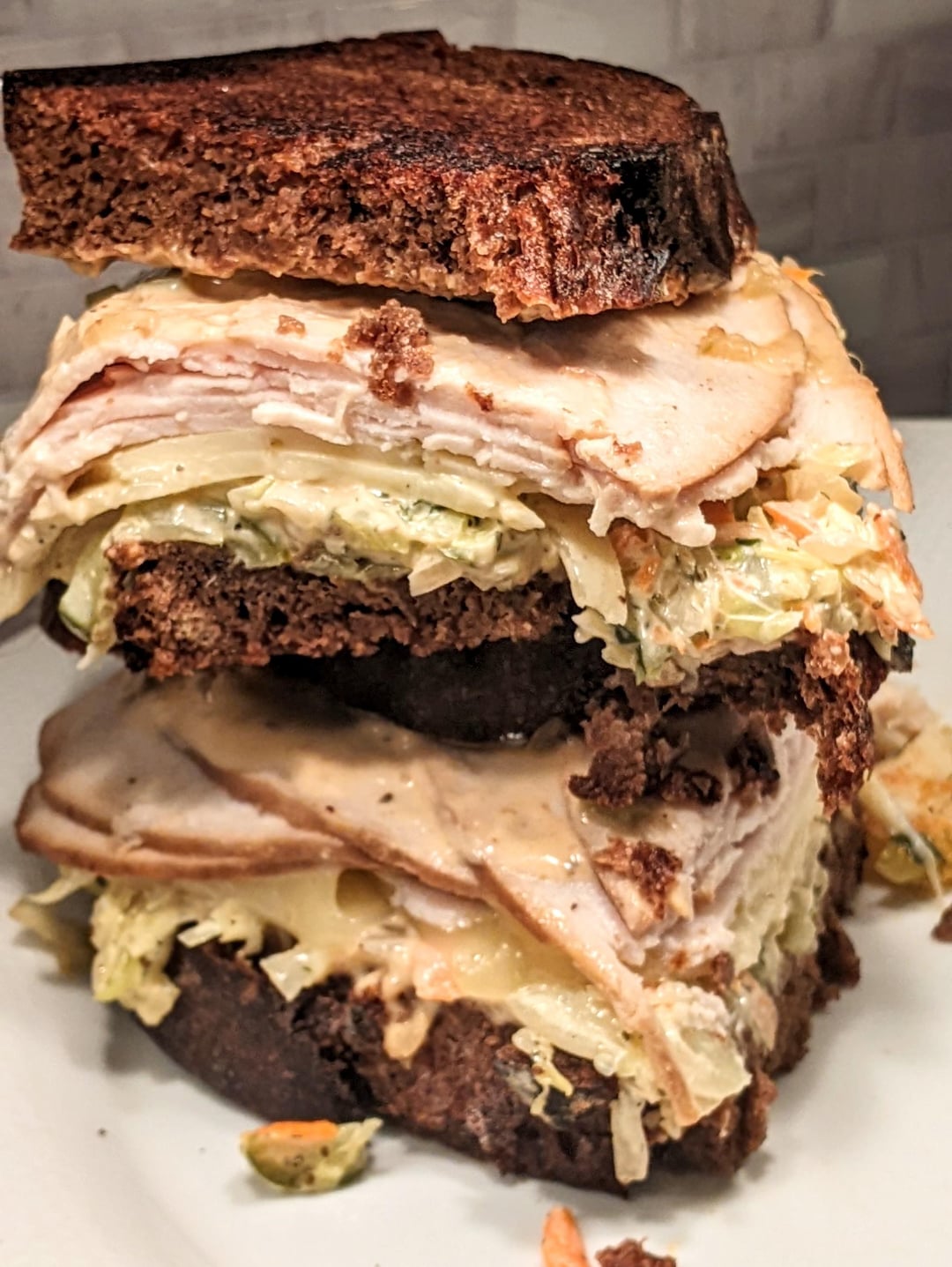 Homemade coffeerye sourdough bread Rachel sandwich with 1/3 lb turkey