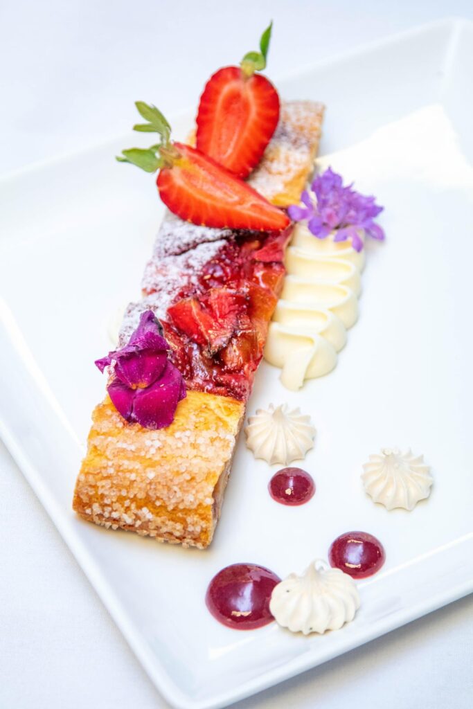 Strawberry Riesling Poached Rhubarb Crostada, Lavender Bavarian, Baked Honey Meringue