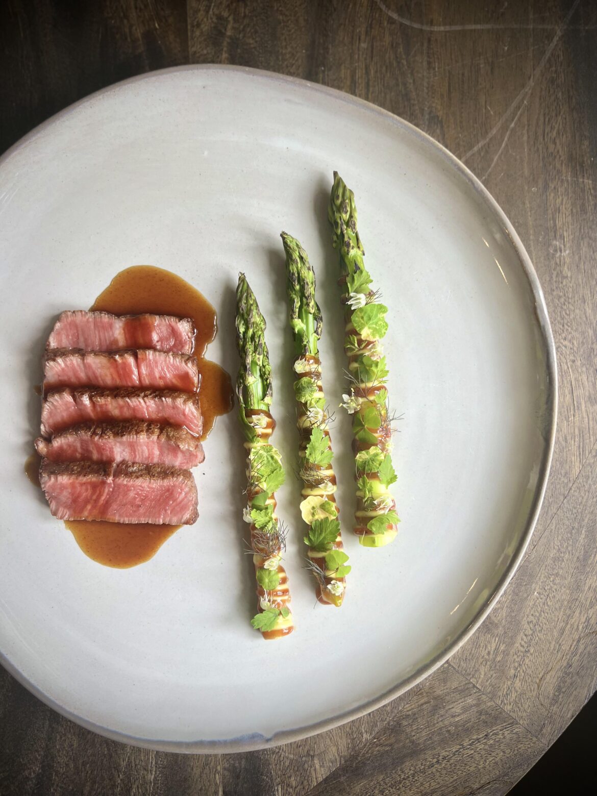 A5 Miyazaki Filet//Charred Asparagus//Ramp Emulsion//Black Garlic Kanzuri//Various Edible Weeds from my Backyard 🥩🌱