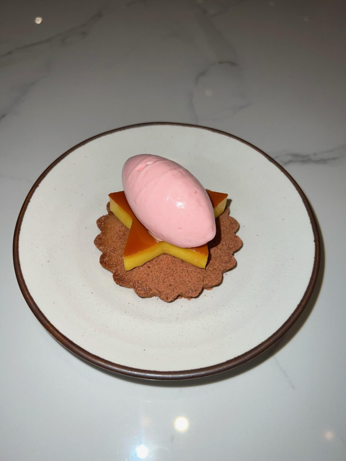 Rhubarb Sorbet Buckwheat Financier & Leche Flan