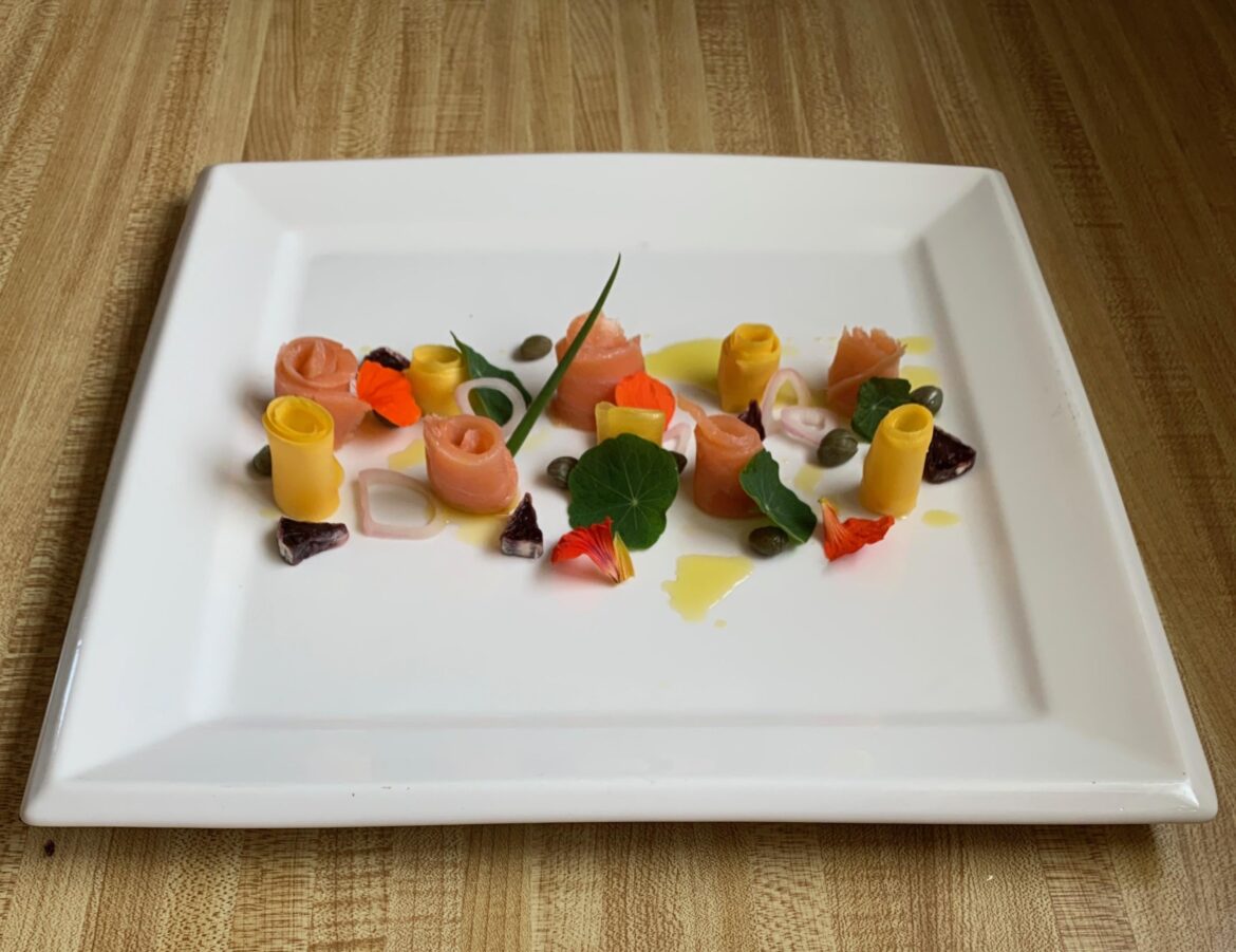 Smoked salmon, blanched Italian squash, nasturtium salad.