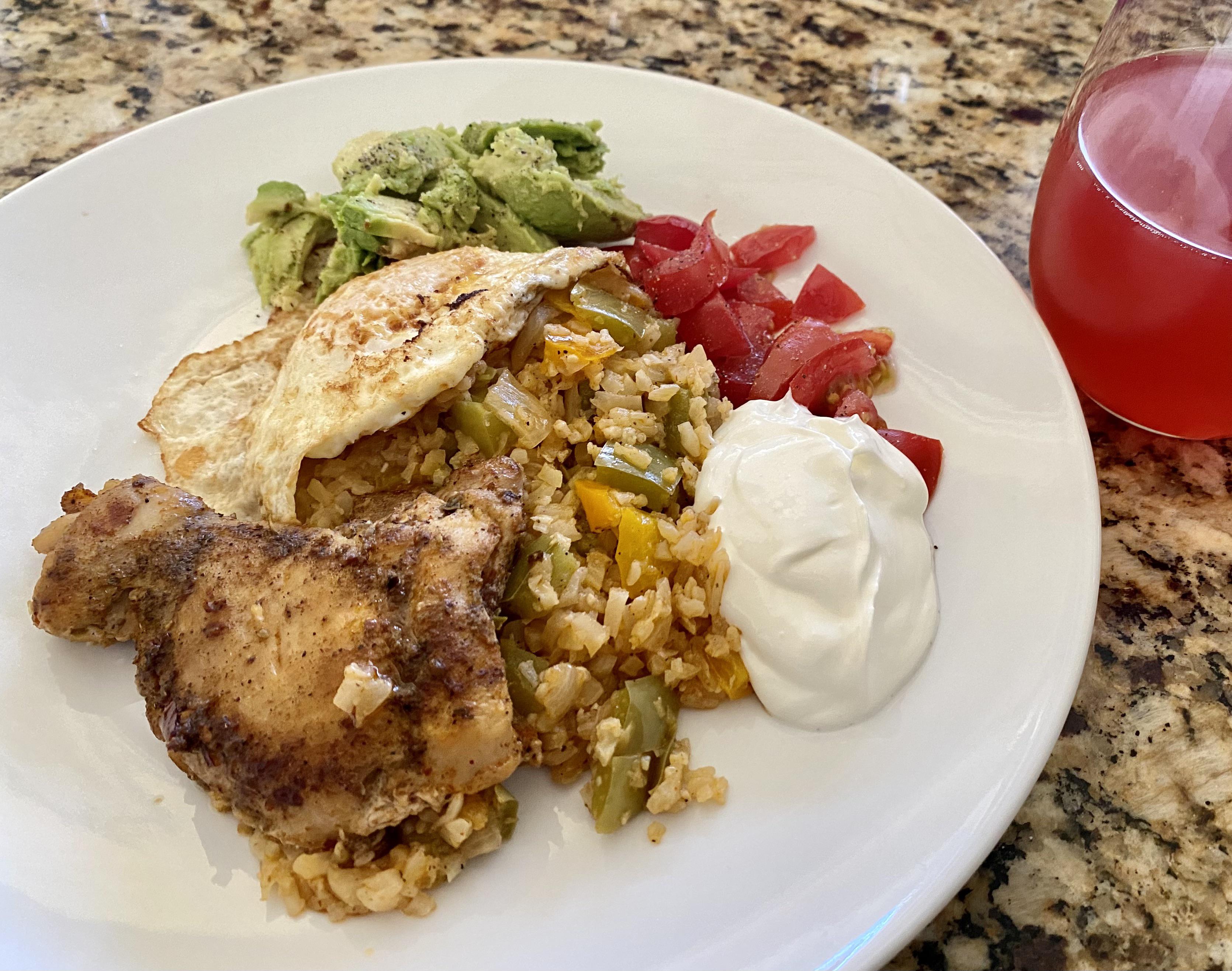 Big healthy brunch! Mexican spiced chicken thigh, over medium egg, bell