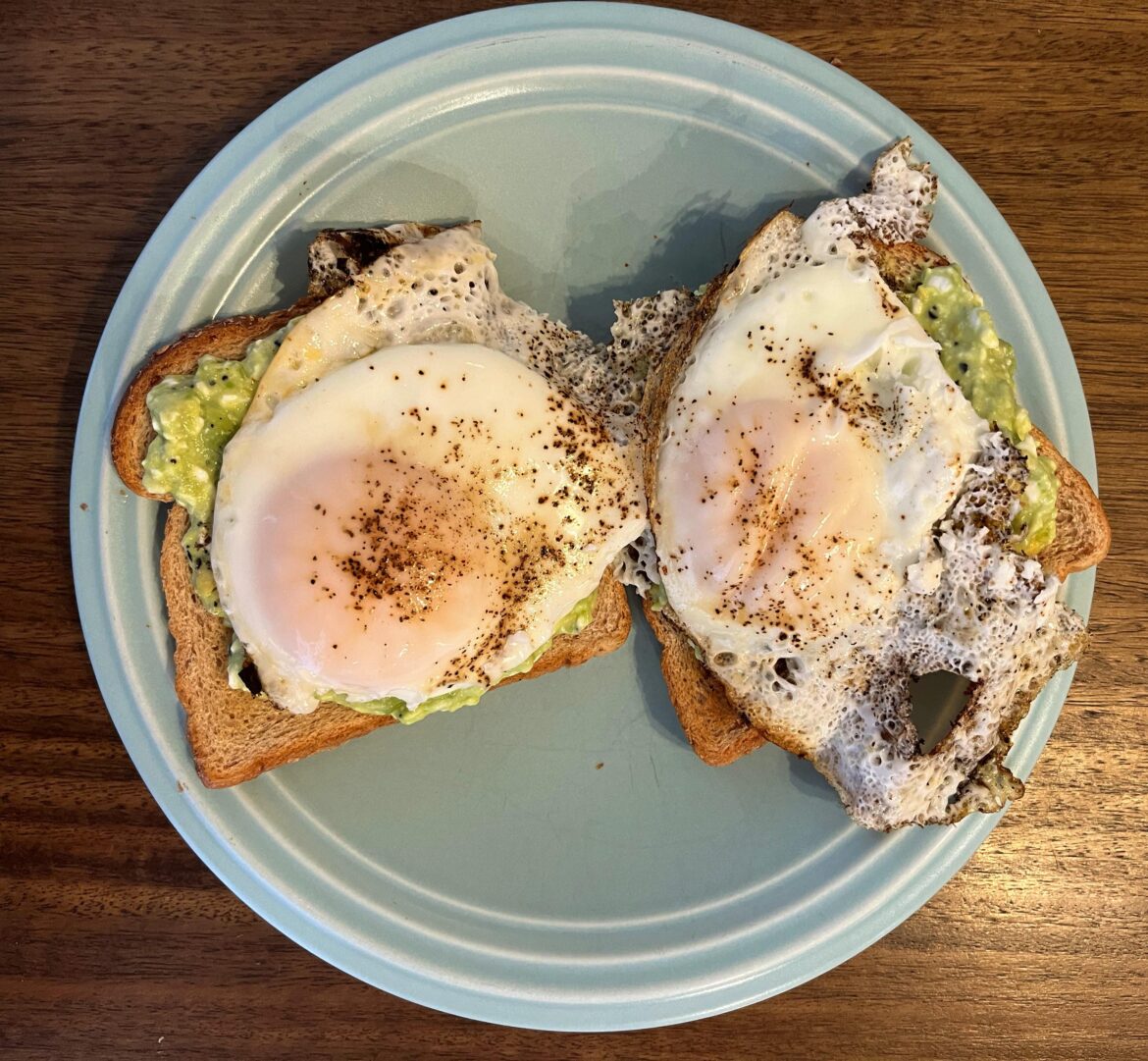 Avocado cottage cheese toast with sunny-side up eggs