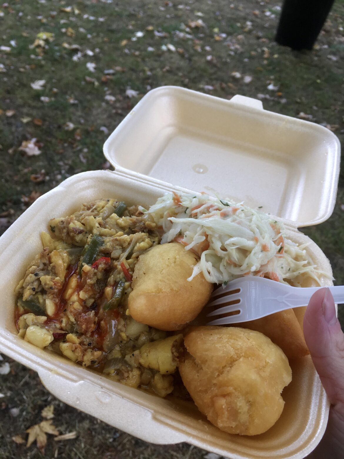 Jamaican dumplings, coleslaw, ackee and saltfish.