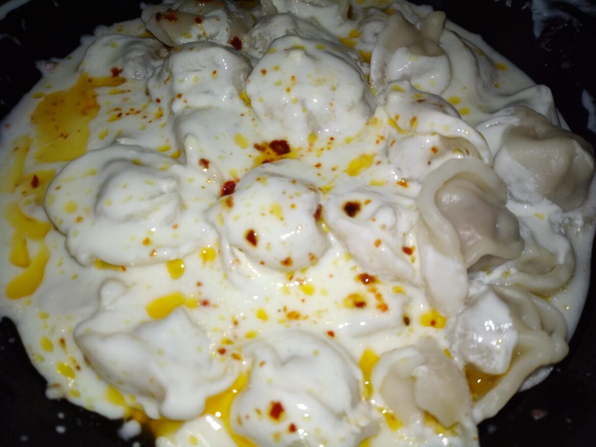 Turkish dumplings in yogurt (Manti) $3