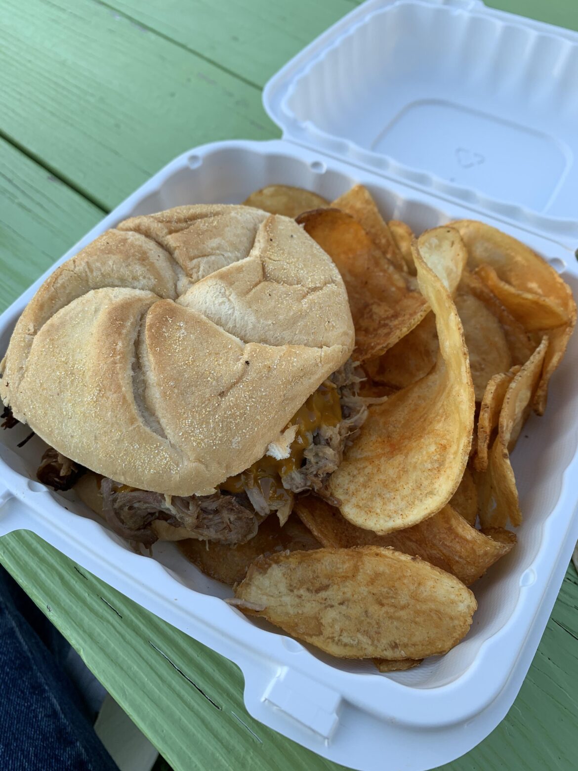 Pulled pork sandwich I got at a outdoor concert. I got it from a food truck so I figure it counts.