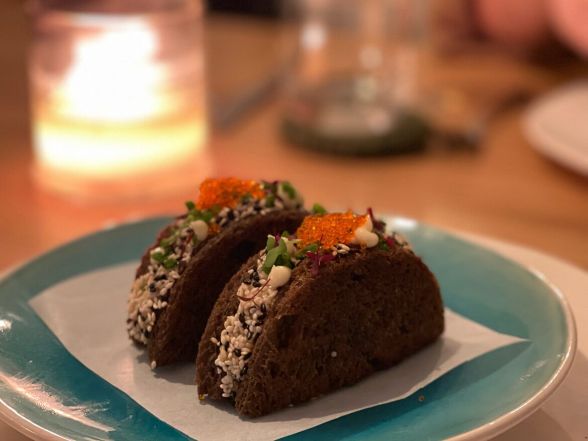 Rye bread prawn and chive toast topped with tobiko