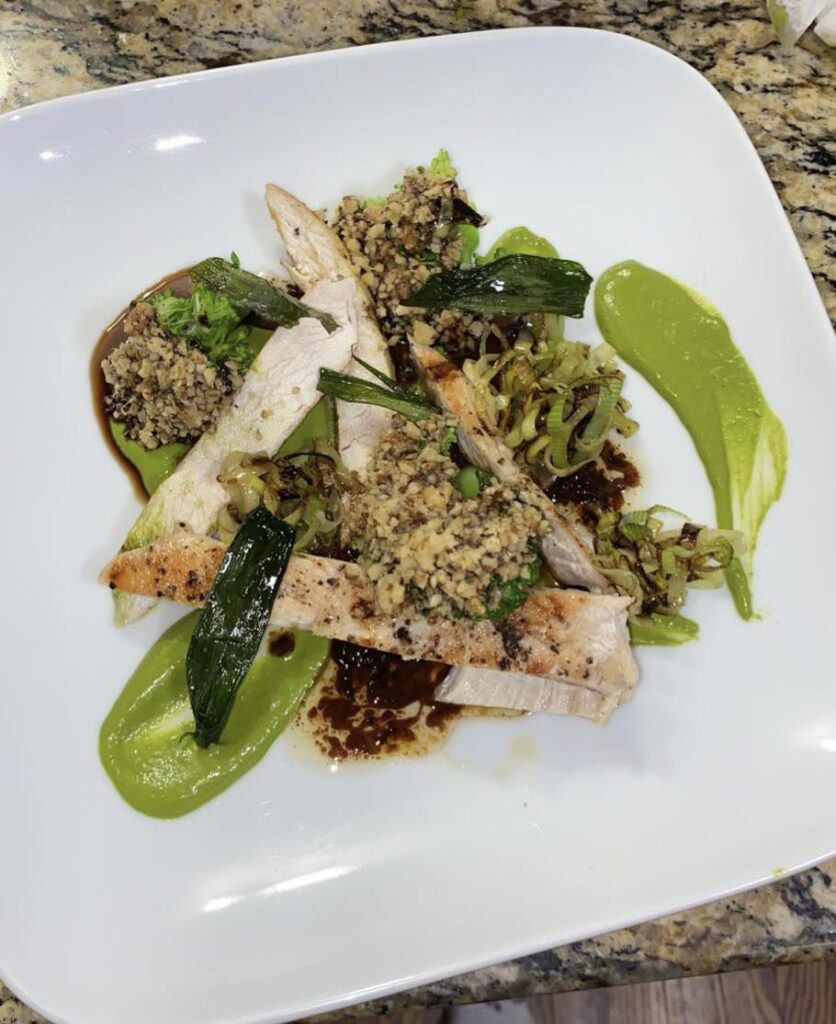 Roasted chicken breast, leek purée, balsamic walnut crusted broccoli