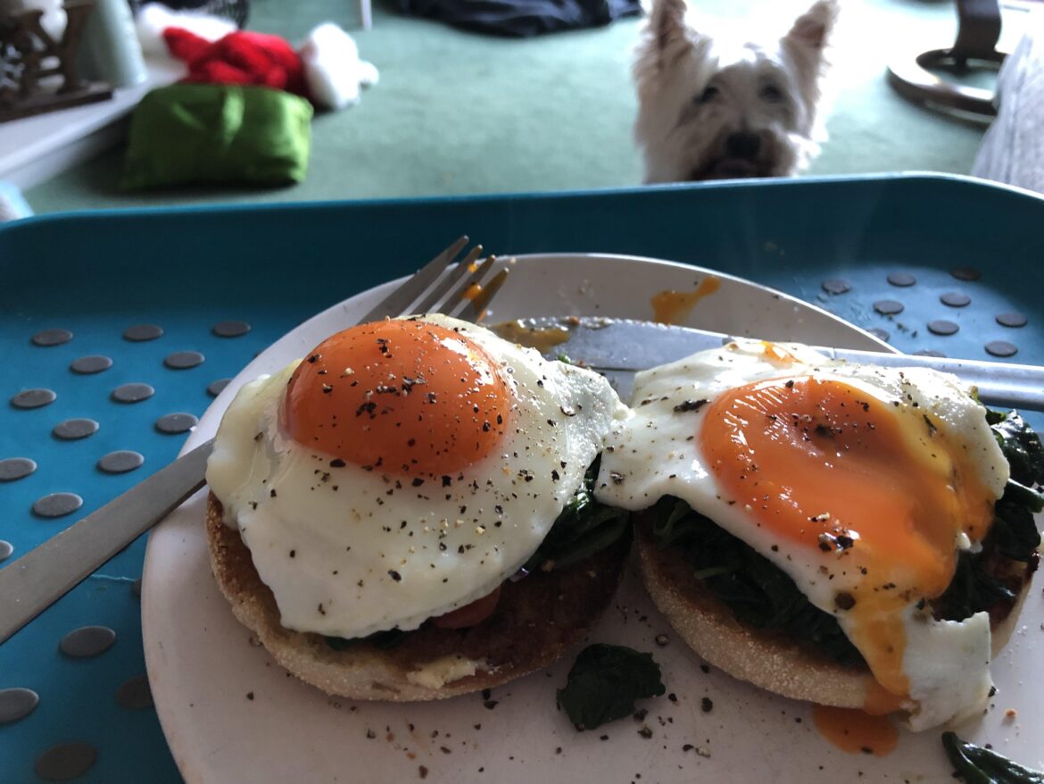 Two slow fried eggy Bois on a toasted English muffin with wilted spinach with plenty of butter and black pepper.
