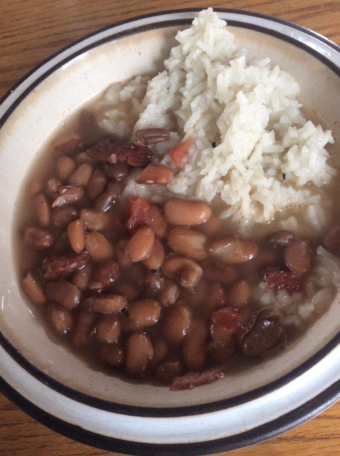 Pinto beans, turkey bacon, small canned tomatoes/green Chile’s, jasmine rice, taco seasoning