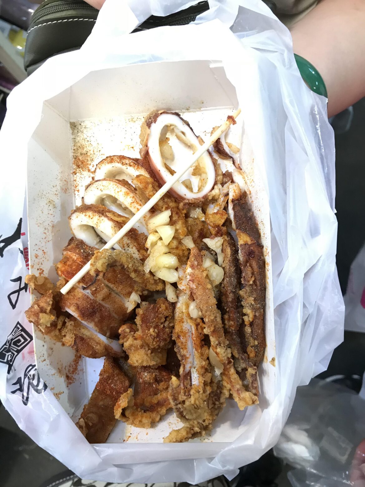 Spicy garlic fried squid from a night market stall in Taichung, Taiwan.