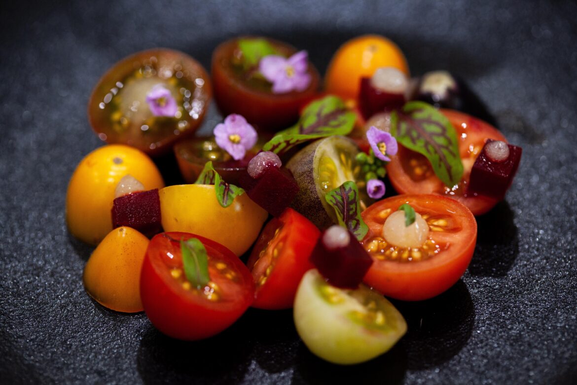 Tomato salad with beetroot and lemon and yuzu gel