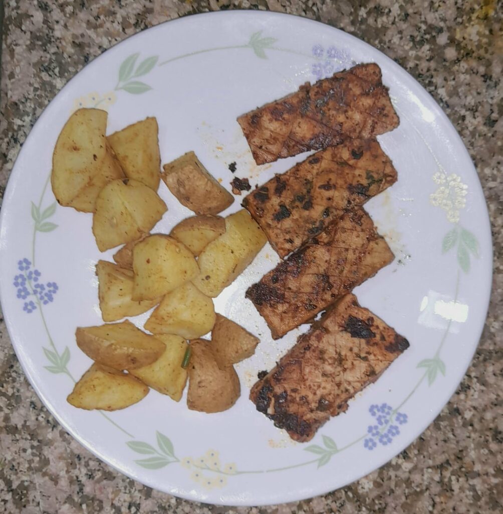 Grilled tofu with roasted potatoes