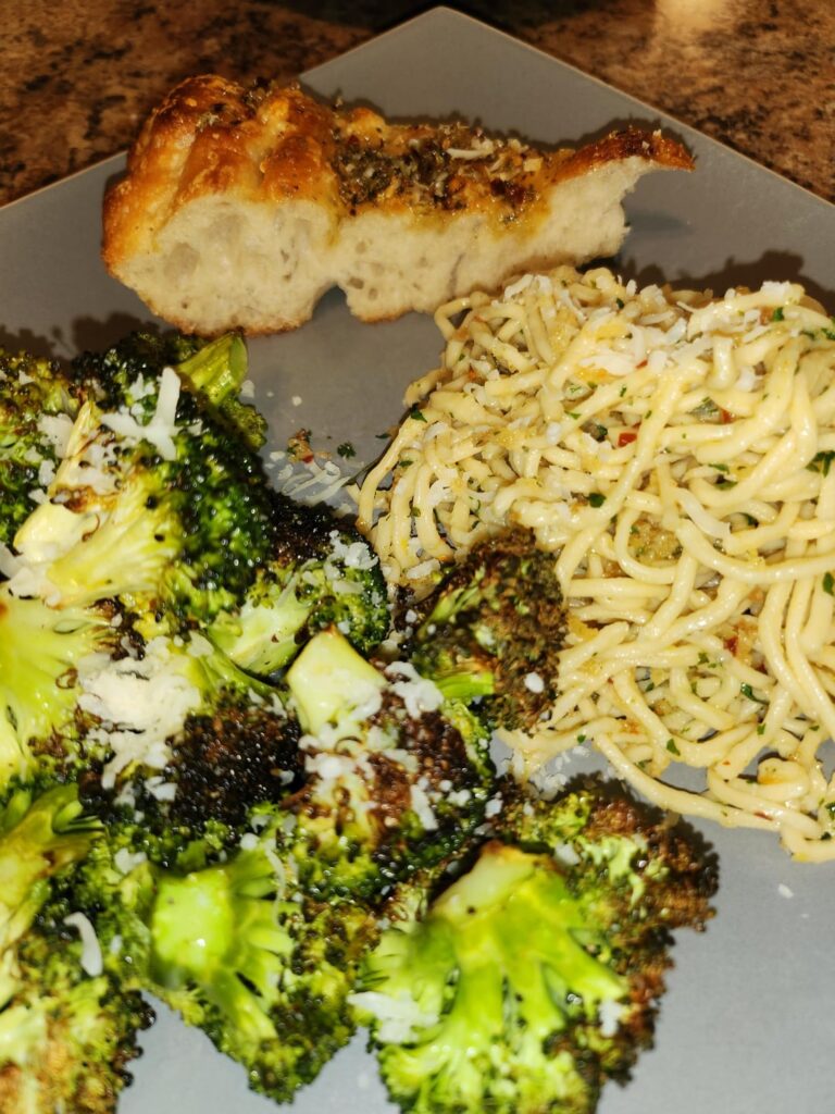 Spaghetti con la Colatura di Alici with Easy Roasted Garlic Foccacia