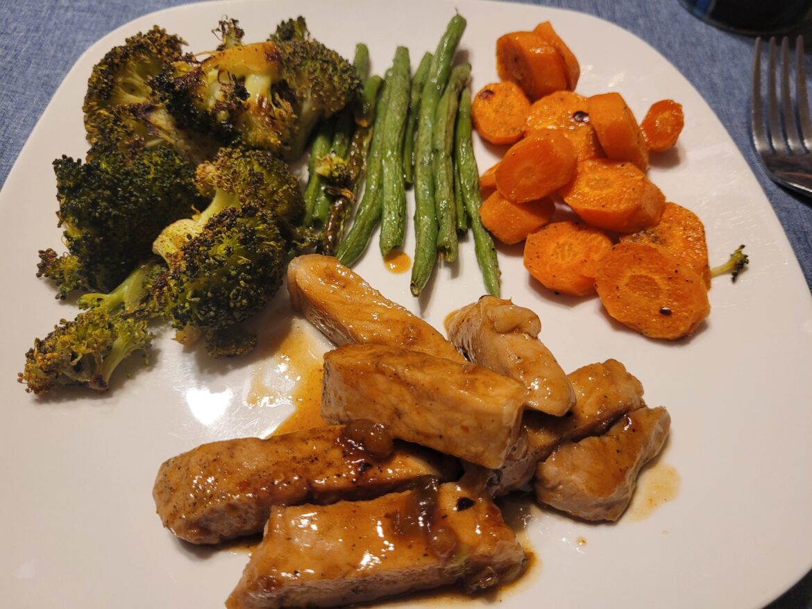 Pan seared sweet soy glazed pork with roasted carrots and broccoli, 10/10