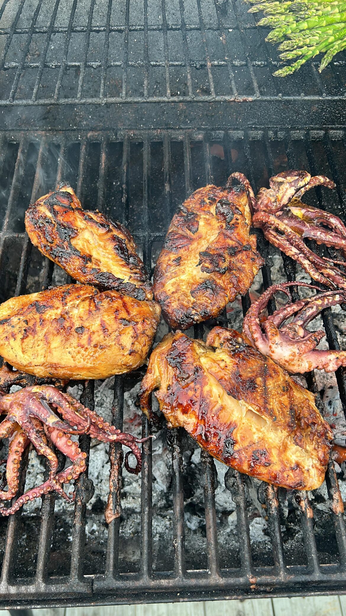 The classic combo of BBQ chicken and octopus.