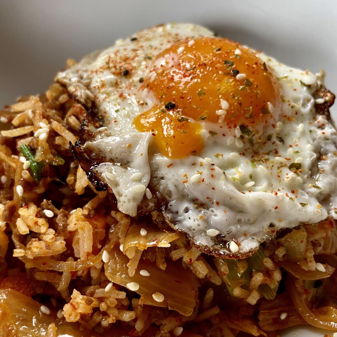 Kimchi fried rice with an egg from my chickens
