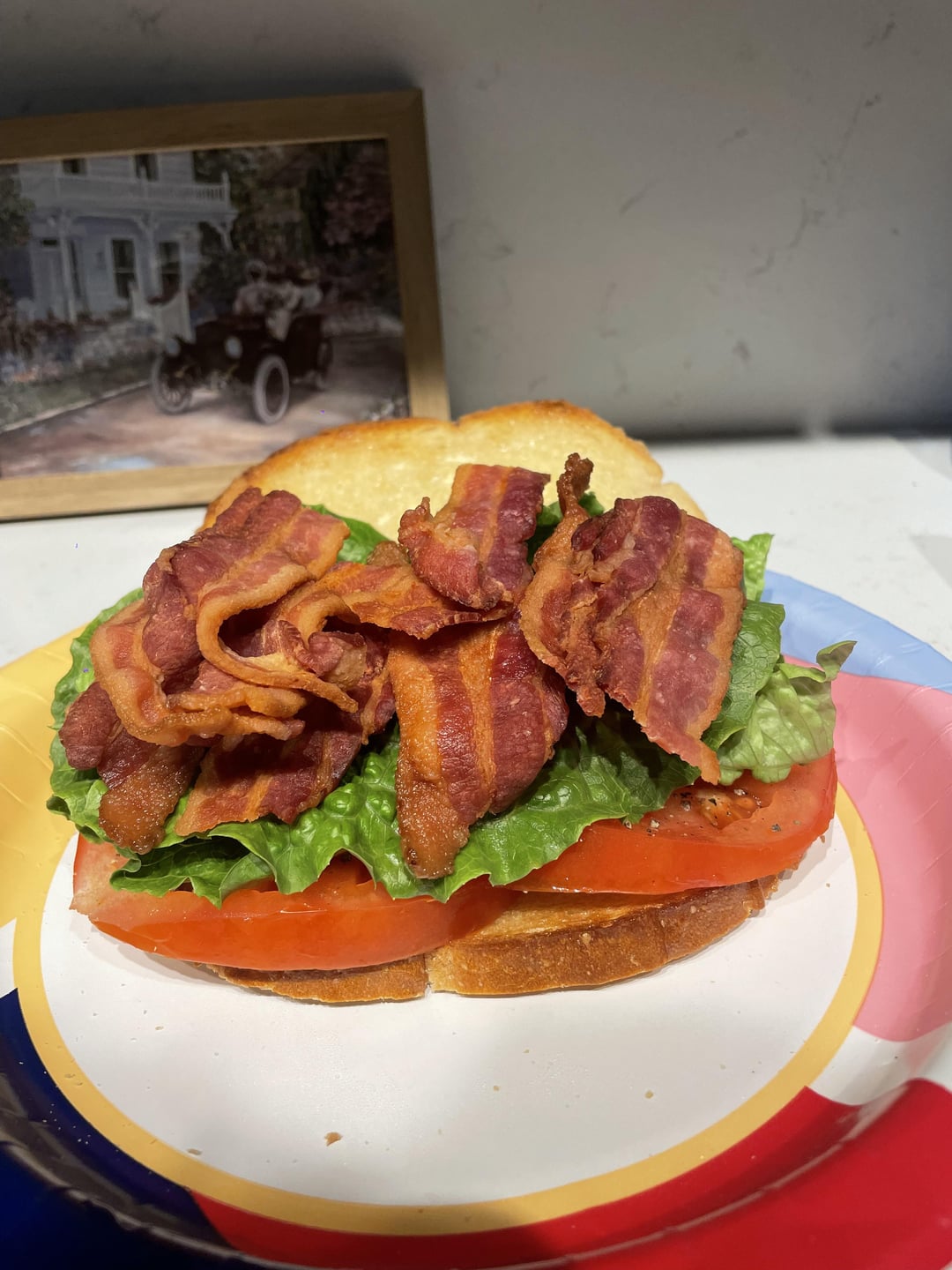 Bacon, Lettuce and Tomato with kewpie Mayo on sourdough, lightly