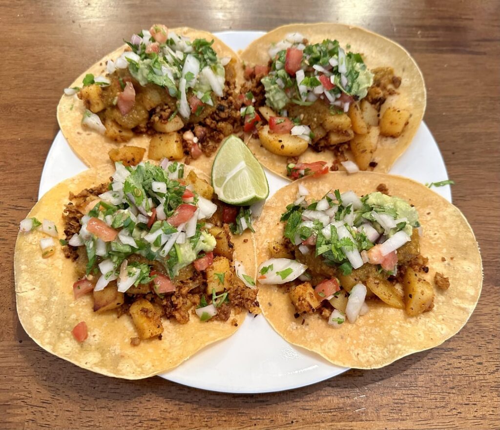Chorizo con Papas tacos with roasted habanero salsa