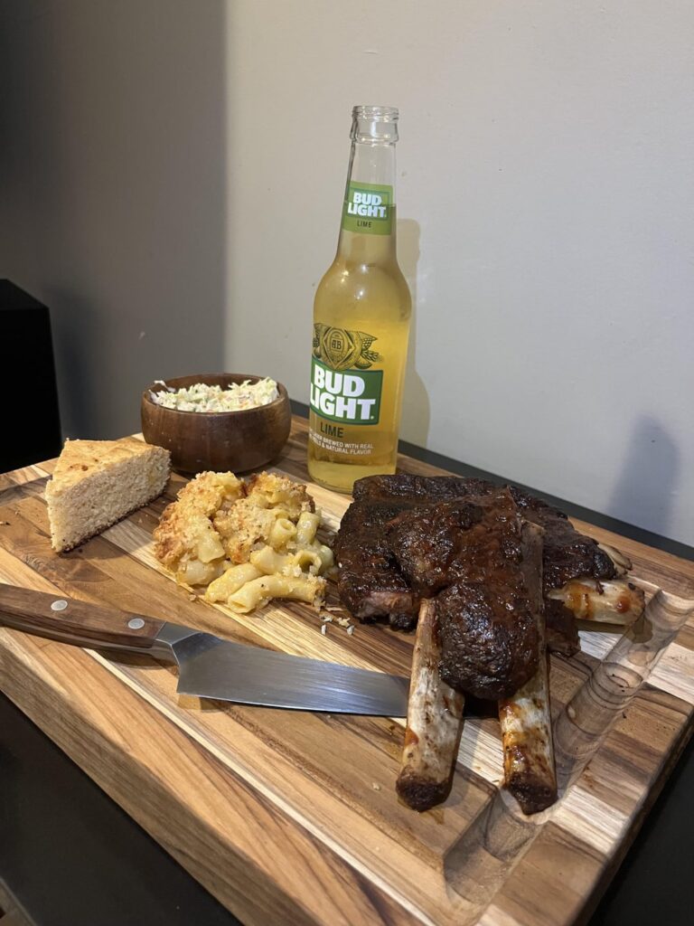 Kenji’s sous vide BBQ ribs with his crispy slaw, cast iron corn bread, and Mac & Gruyère and cheddar cheese
