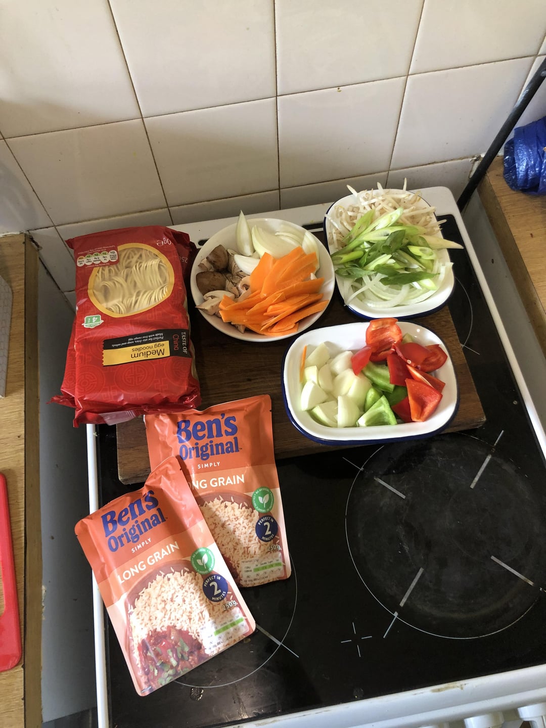 Homemade egg Fried rice, chow mein, chicken curry and sweet and sour