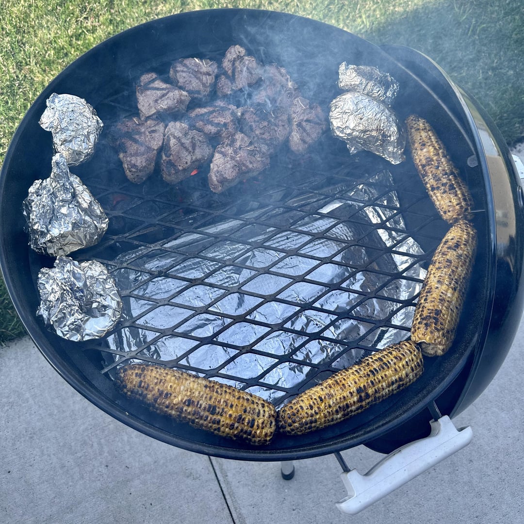 True grilling some Lamb Loin Chops, Flat Iron Steak, corn on the cob