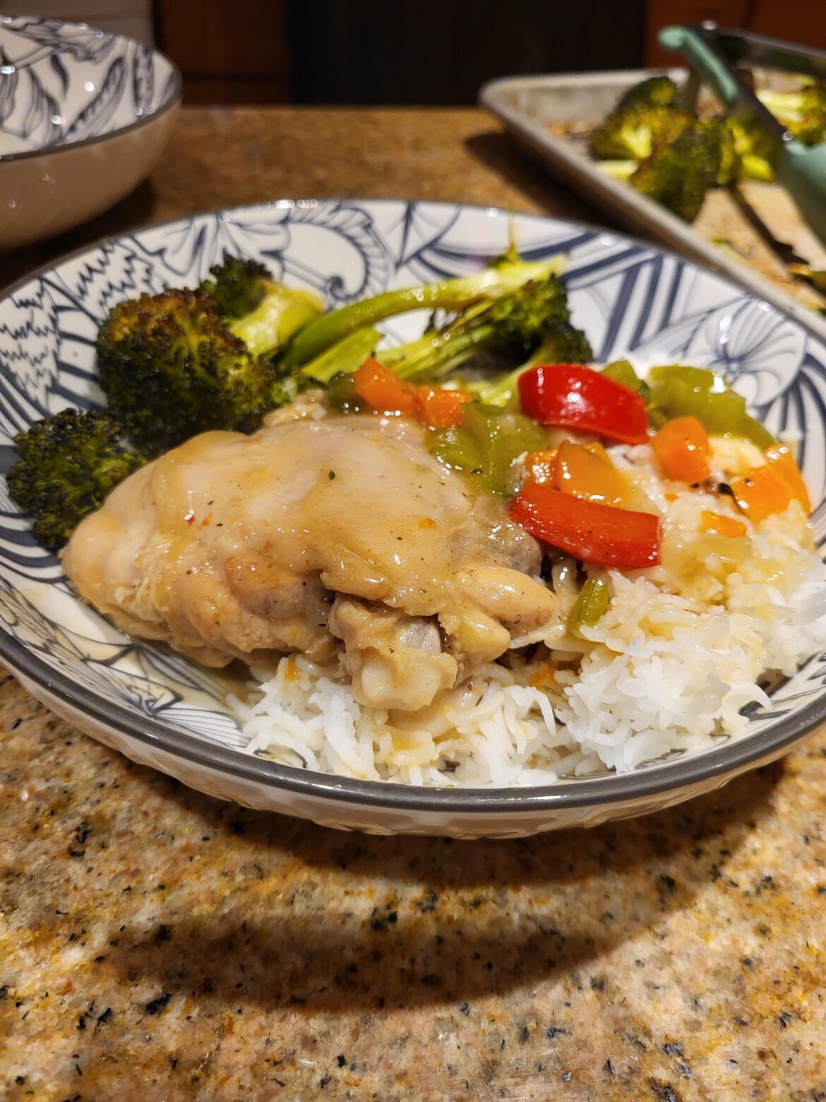 Stewed chicken and rice with roasted broccoli